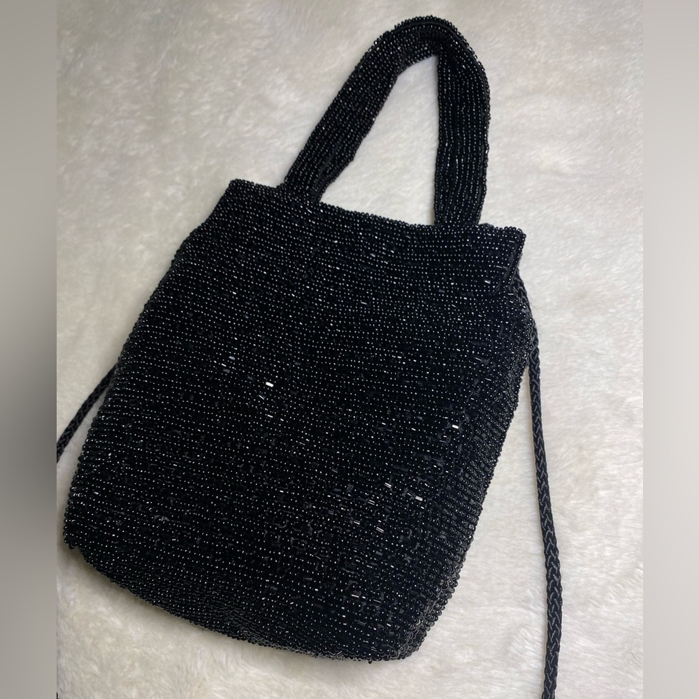 Black Glass-Beaded Evening Bag with Long Strap EUC - Picture 3 of 11